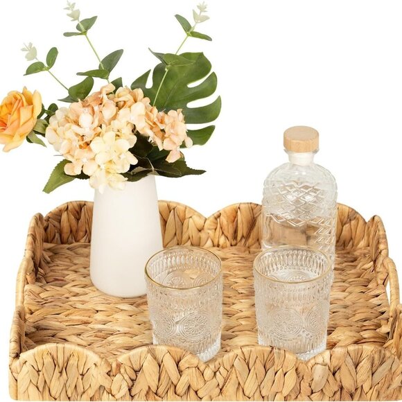 Rectangle Wicker Scalloped Tray, Rattan Serving Trays with Handles, Water Hyacin - Picture 1 of 9